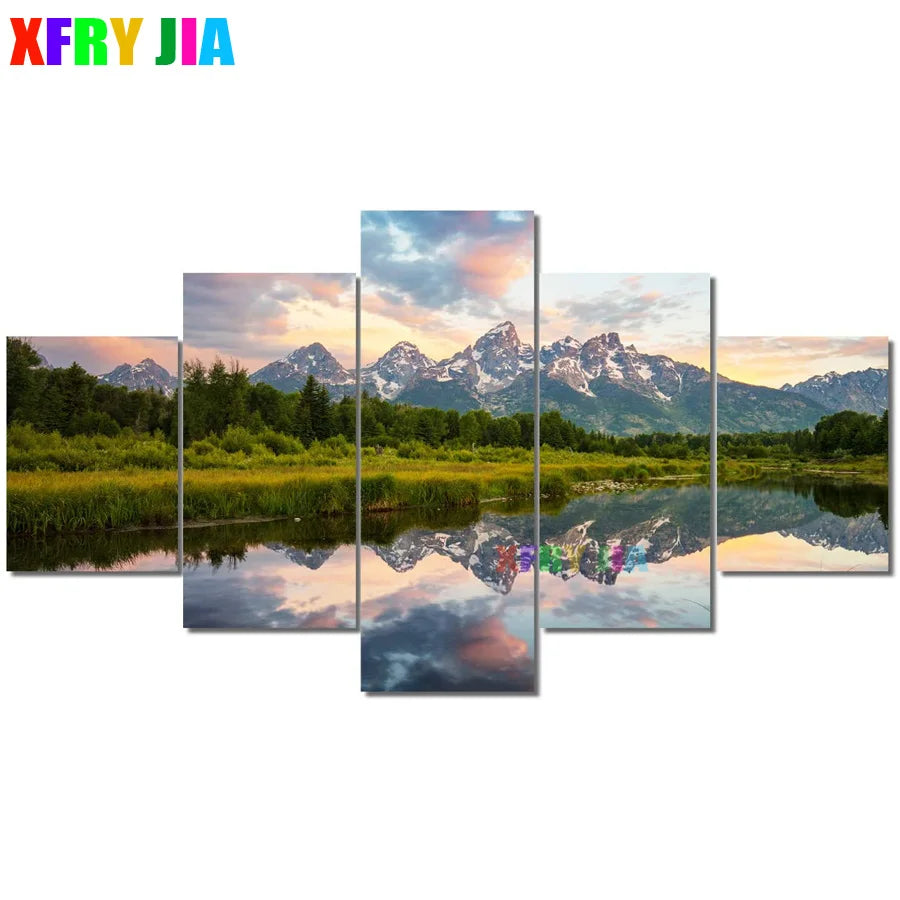 Diamond painting natural mountain Landscape 5Pcs Artwork lake Scenery Multi-picture Home Decoration  drill full square round