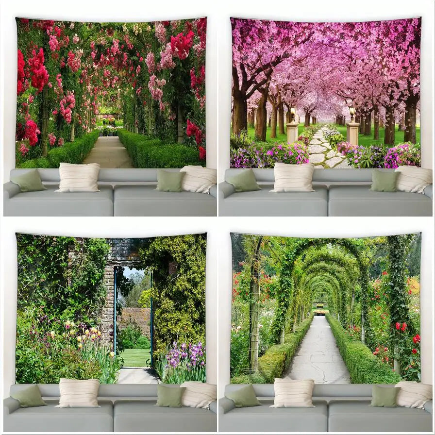 Spring Forest Floral Tapestry Rural Flowers Pink Red Garden Wall Hanging Decor Natural Landscape Home Living Room Tapestries Rug