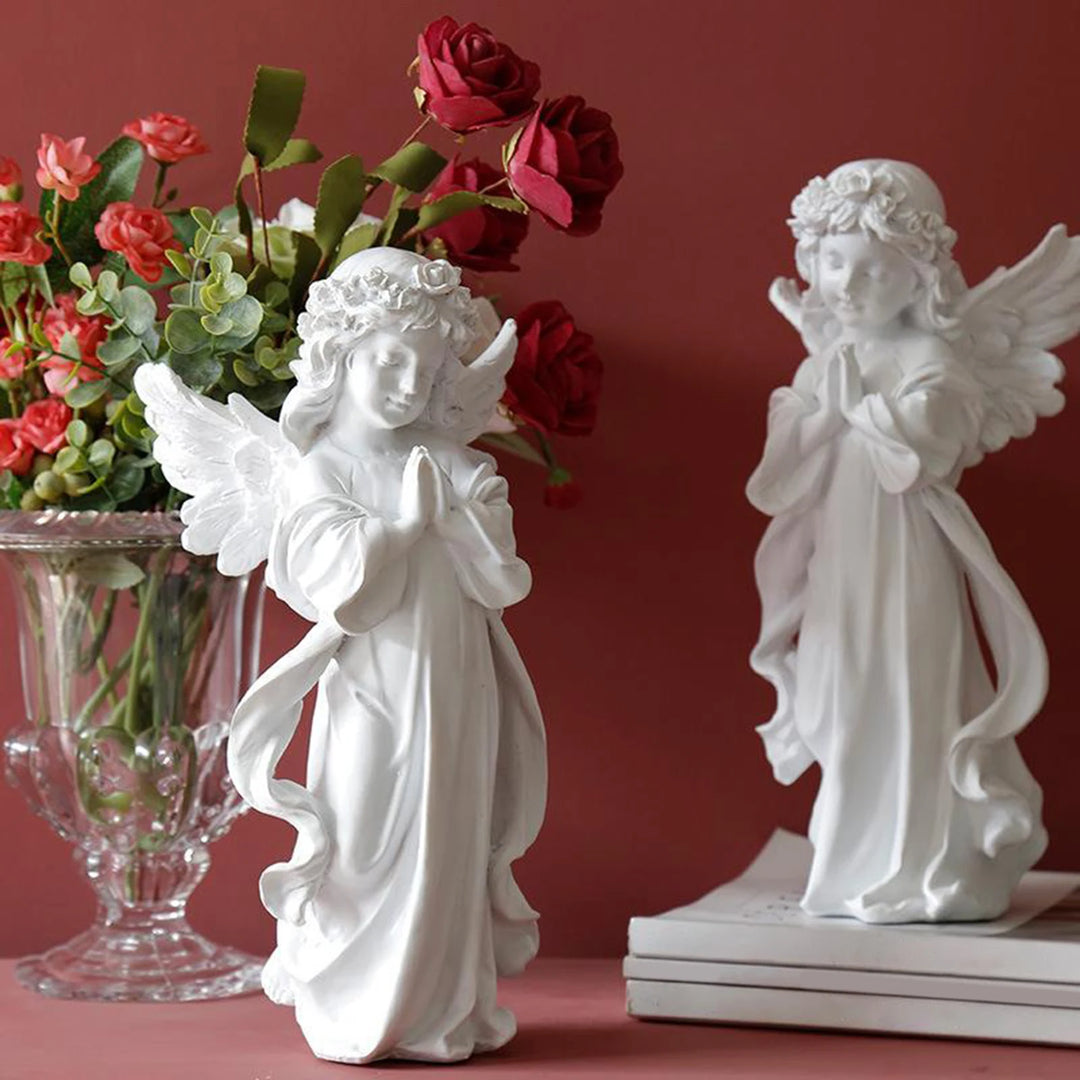 White Resin Praying Angel Flower Girl Figurine Statue Carving Angel Prayer Figurine Statue Cherub Sculpture European Home Decor