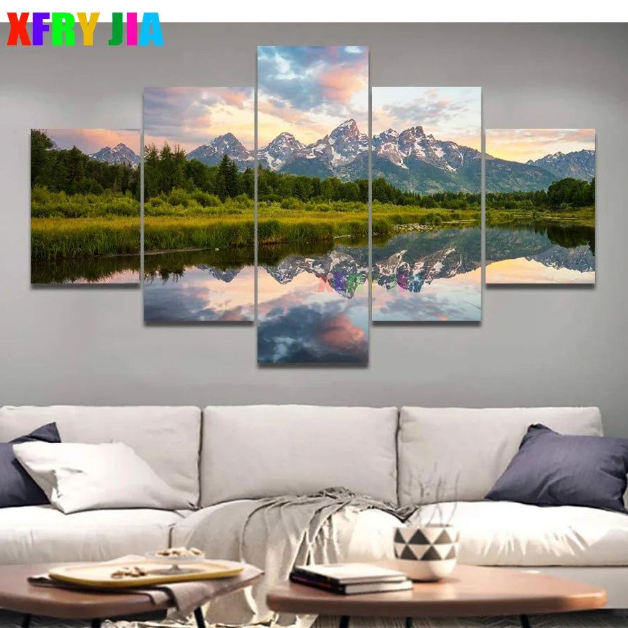 Diamond painting natural mountain Landscape 5Pcs Artwork lake Scenery Multi-picture Home Decoration  drill full square round