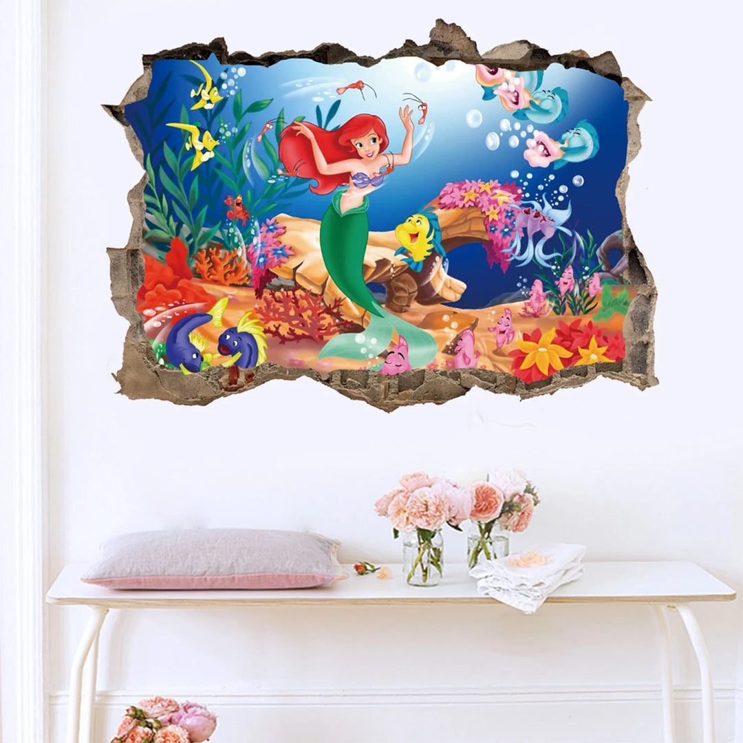 Girls Room Decoration Mural Art 3D Mermaid Princess Underwater Scenery Porthole Wall Sticker Decals