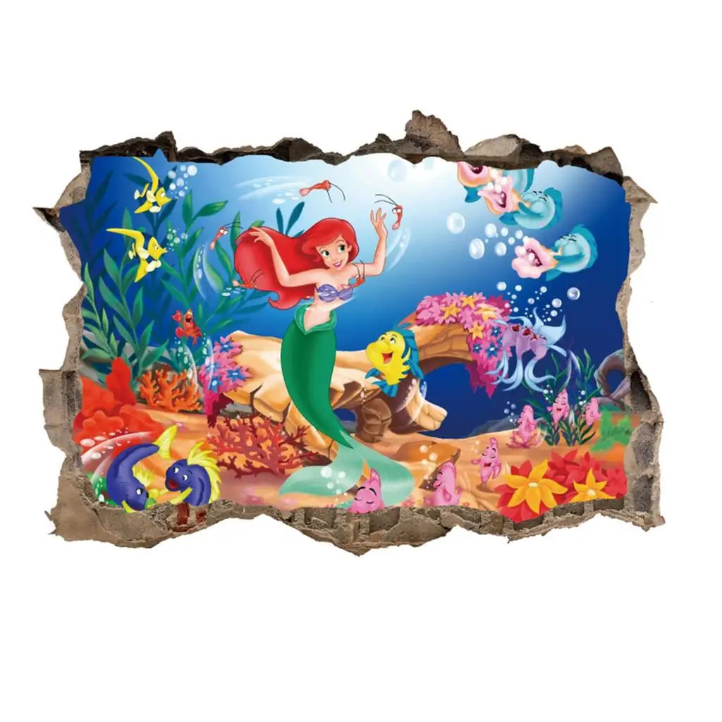 Girls Room Decoration Mural Art 3D Mermaid Princess Underwater Scenery Porthole Wall Sticker Decals