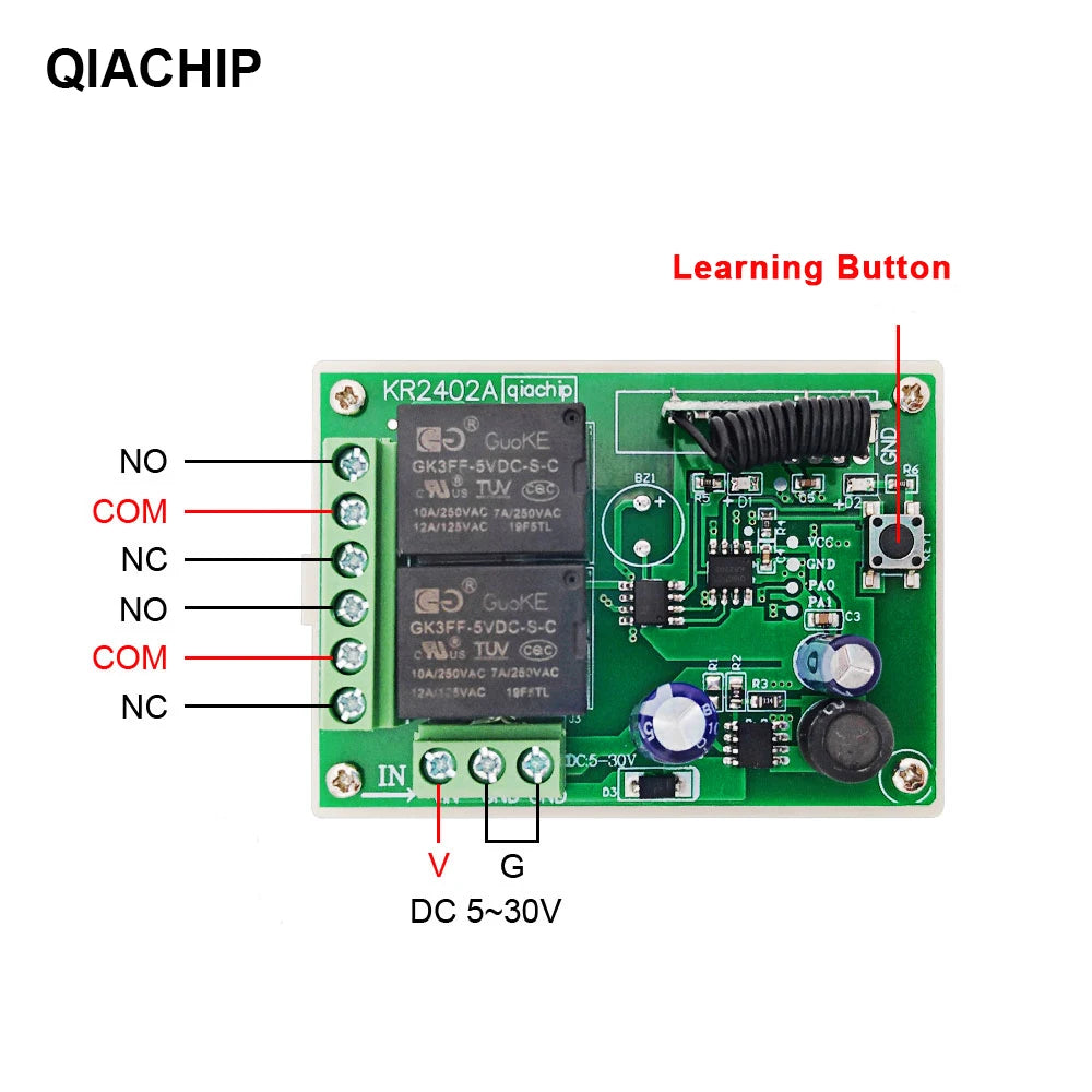 QIACHIP DC 5V-60V 2CH Switch With Remote Control Relay Module Universal 24V 2 Delay 433MHz Remote Control Switch Relay Receiver