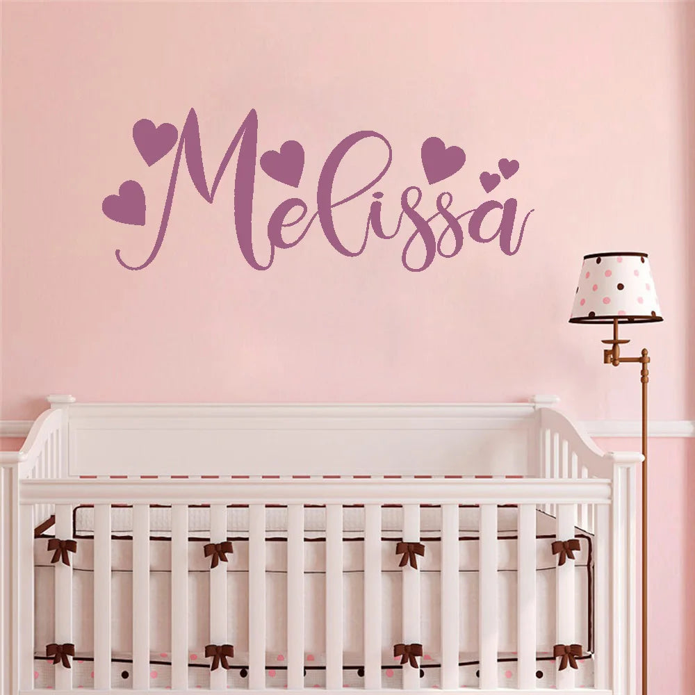 Calligraphy Style Name Vinyl Wall Sticker Personalised Decal With Hearts Baby Girls Gift Nursery Room Sweet Decoration