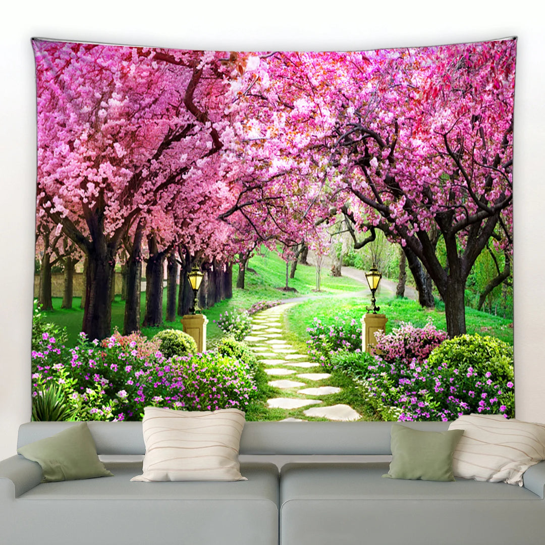 Spring Forest Floral Tapestry Rural Flowers Pink Red Garden Wall Hanging Decor Natural Landscape Home Living Room Tapestries Rug