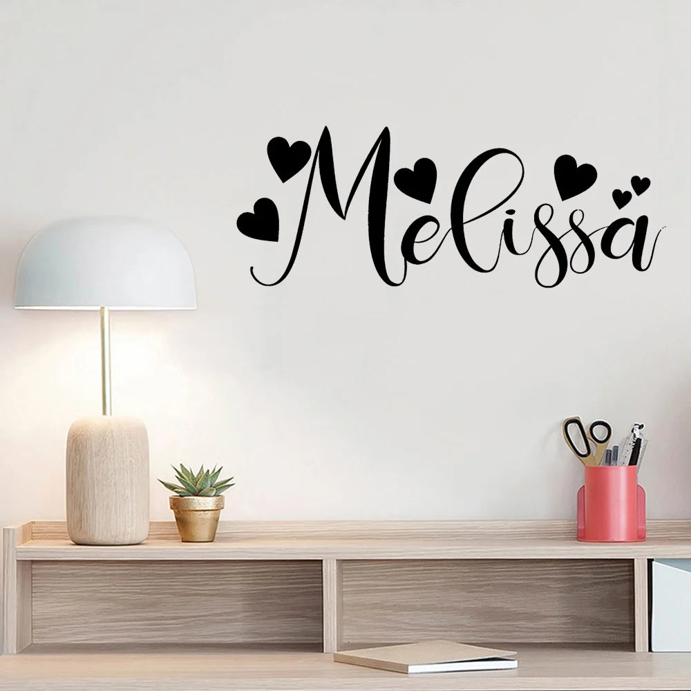 Calligraphy Style Name Vinyl Wall Sticker Personalised Decal With Hearts Baby Girls Gift Nursery Room Sweet Decoration