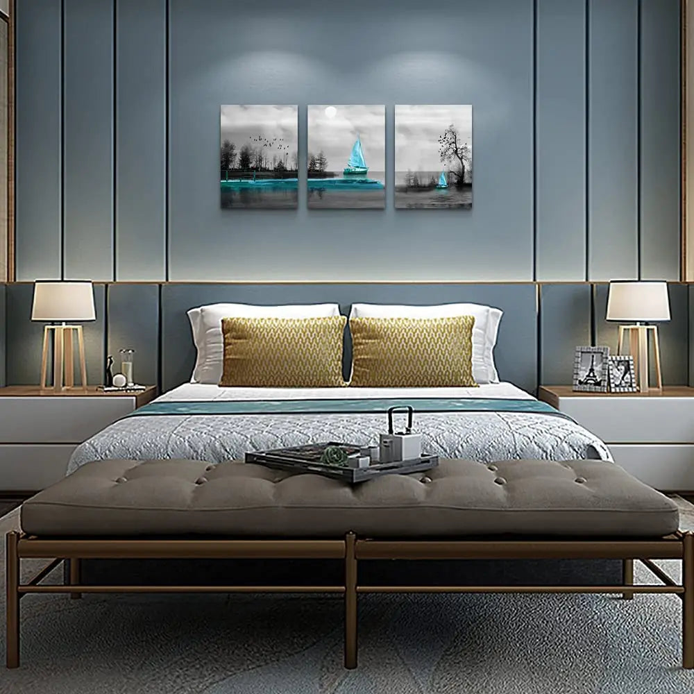 Modern Family Blue Landscape Black And White Paintings Artwork Canvas Wall Art For Living Room Bedroom Wall Decorations