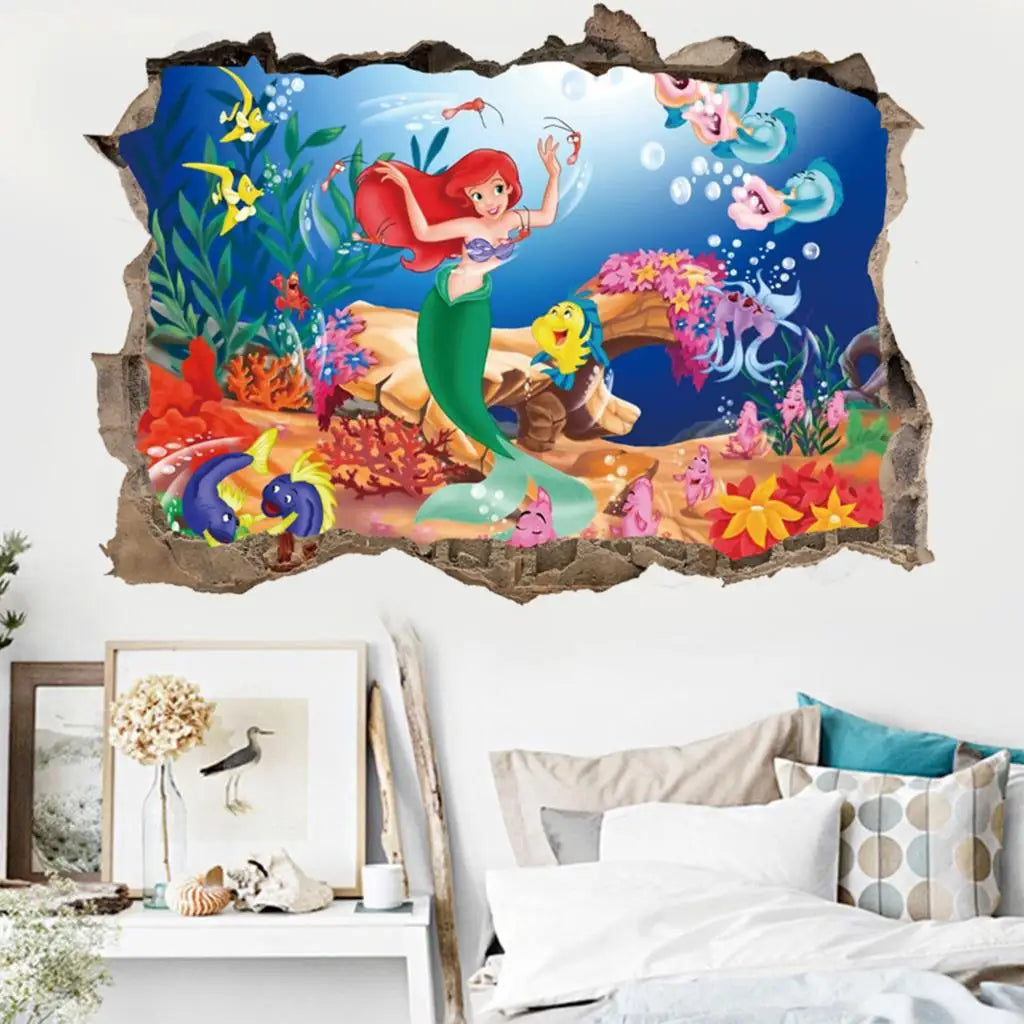 Girls Room Decoration Mural Art 3D Mermaid Princess Underwater Scenery Porthole Wall Sticker Decals