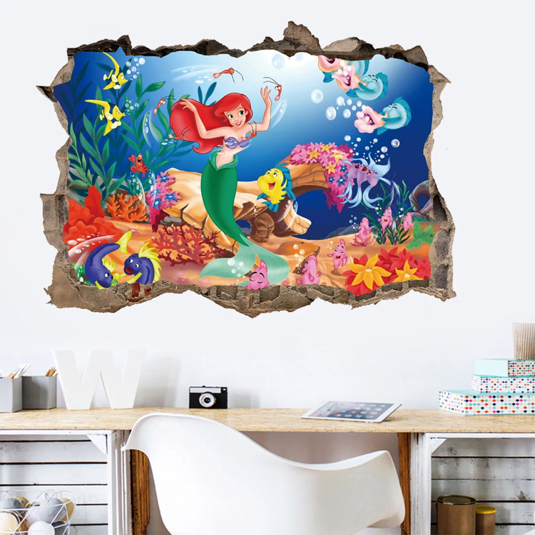 Girls Room Decoration Mural Art 3D Mermaid Princess Underwater Scenery Porthole Wall Sticker Decals