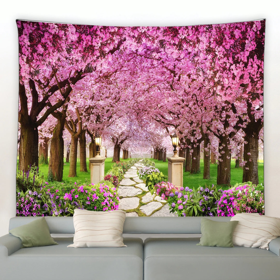 Spring Forest Floral Tapestry Rural Flowers Pink Red Garden Wall Hanging Decor Natural Landscape Home Living Room Tapestries Rug