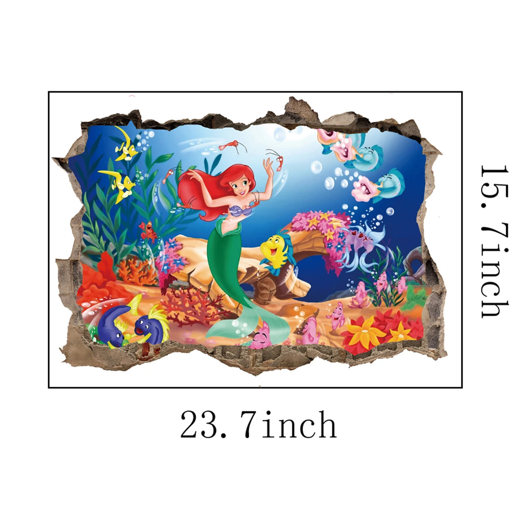 Girls Room Decoration Mural Art 3D Mermaid Princess Underwater Scenery Porthole Wall Sticker Decals