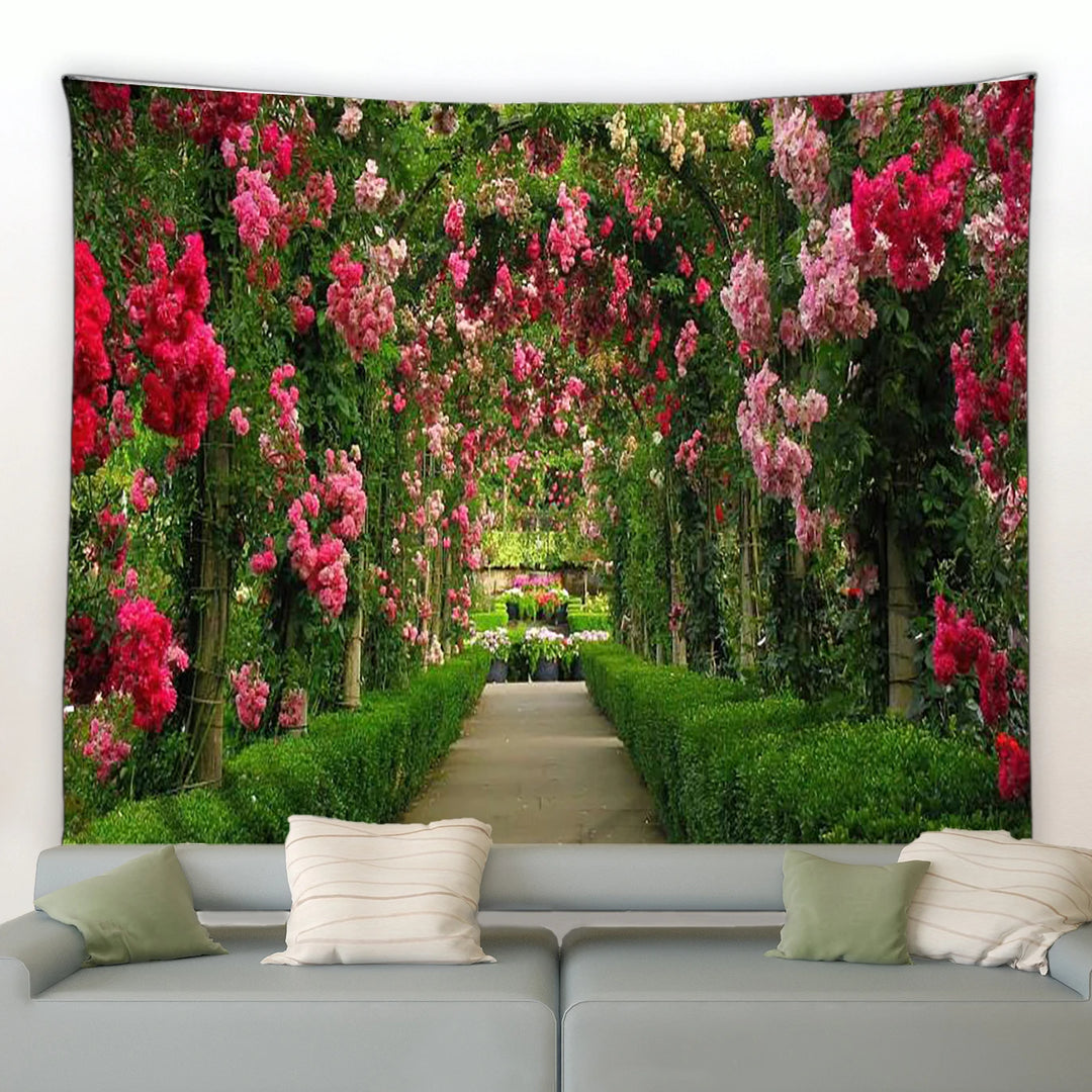 Spring Forest Floral Tapestry Rural Flowers Pink Red Garden Wall Hanging Decor Natural Landscape Home Living Room Tapestries Rug