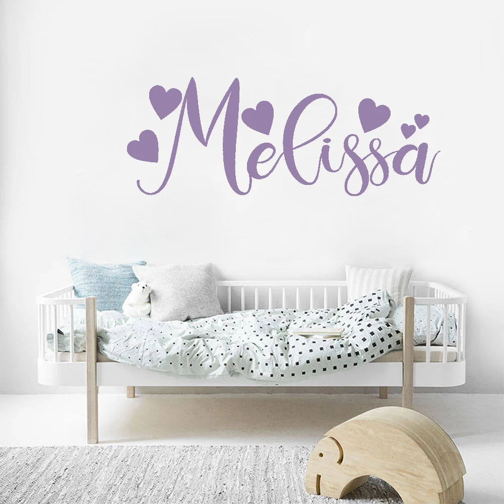 Calligraphy Style Name Vinyl Wall Sticker Personalised Decal With Hearts Baby Girls Gift Nursery Room Sweet Decoration