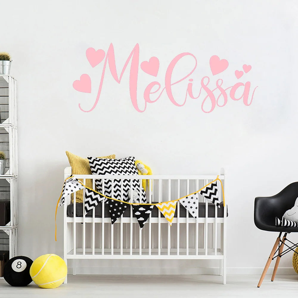 Calligraphy Style Name Vinyl Wall Sticker Personalised Decal With Hearts Baby Girls Gift Nursery Room Sweet Decoration