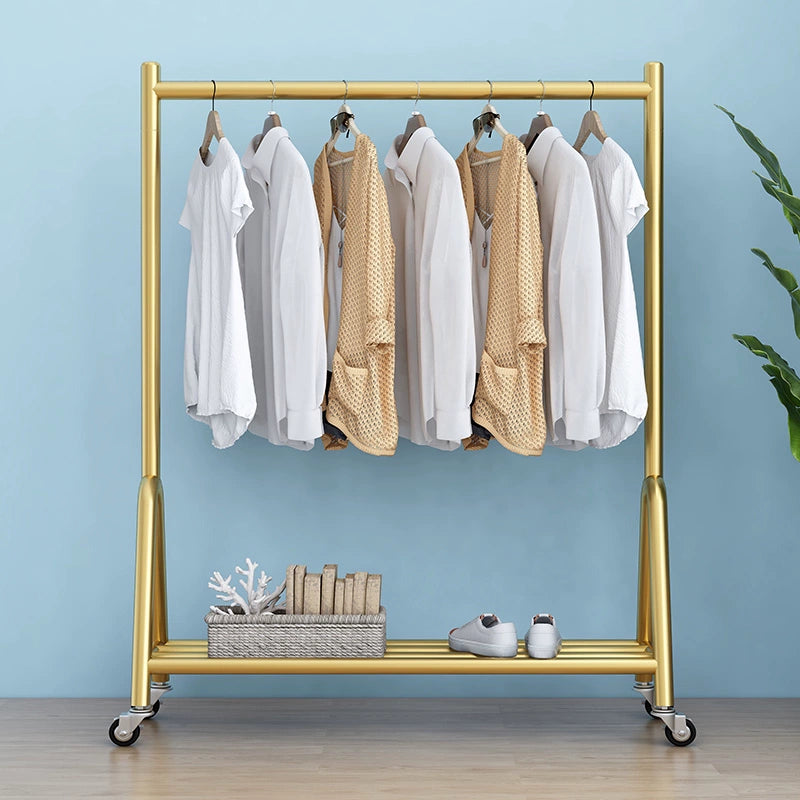 Balcony Clothes Rack Bedroom Floor Clothes Rack For Home Simple Accessible Luxury Coat Rack Gold Steel Pipe Drying Clothesline Pole with Wheels