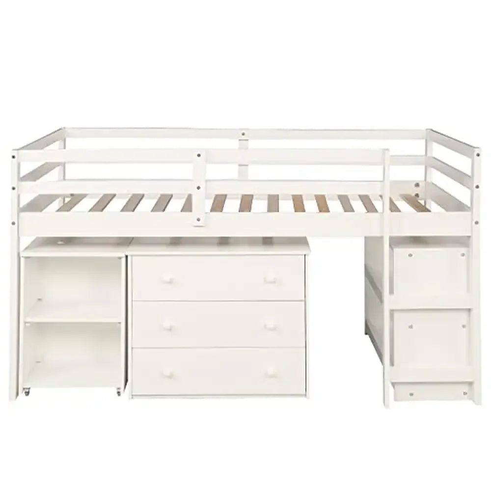 Twin Loft Bed Desk Storage Cabinet Rolling Desk Kids Teenagers Functional Aesthetic Bunk Bed White Durable Portable Guardrails