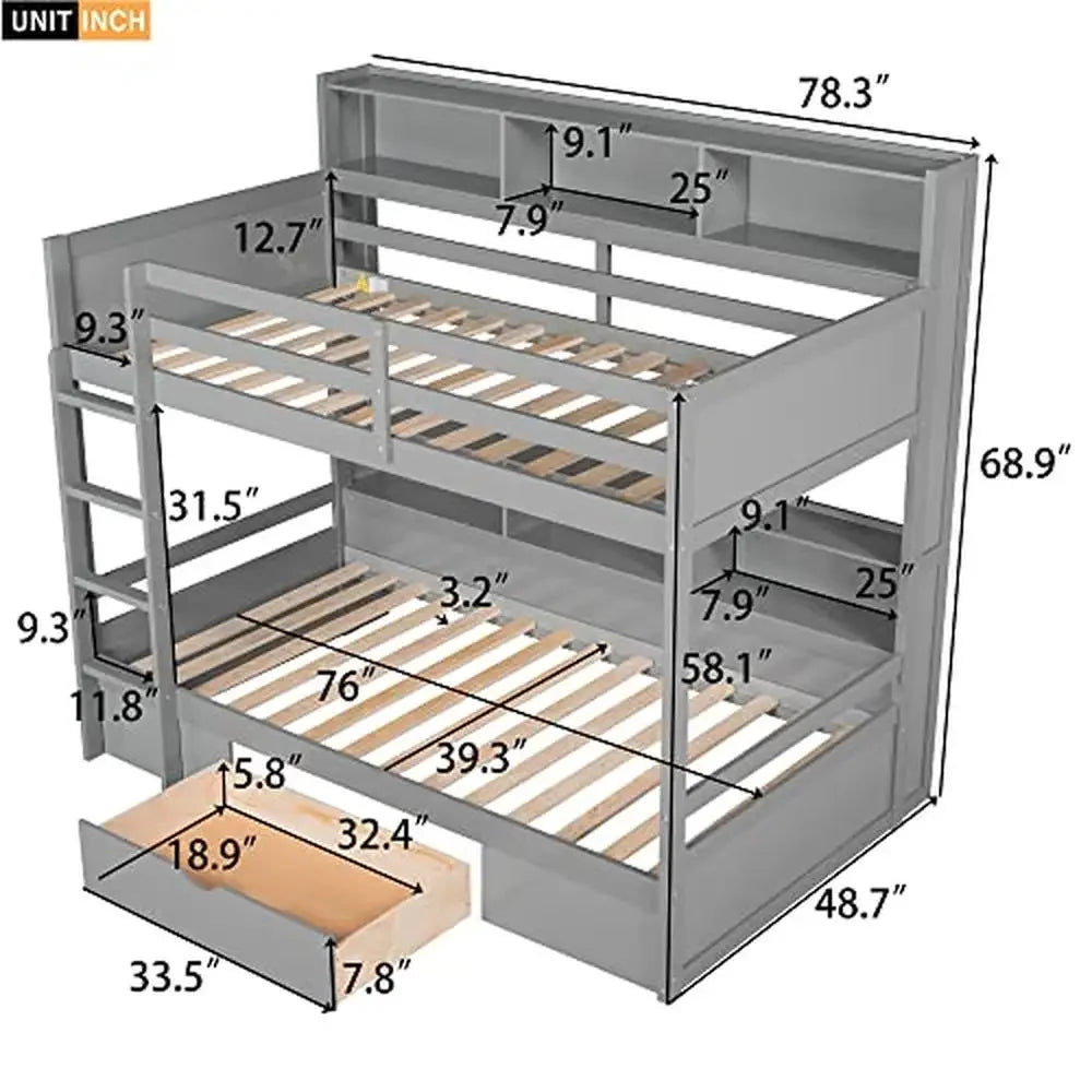 Wooden Twin Over Twin Bunk Bed with Underneath Storage Drawer and Three-In-One Built-in Shelves Sturdy Frame Grey Color 400lb