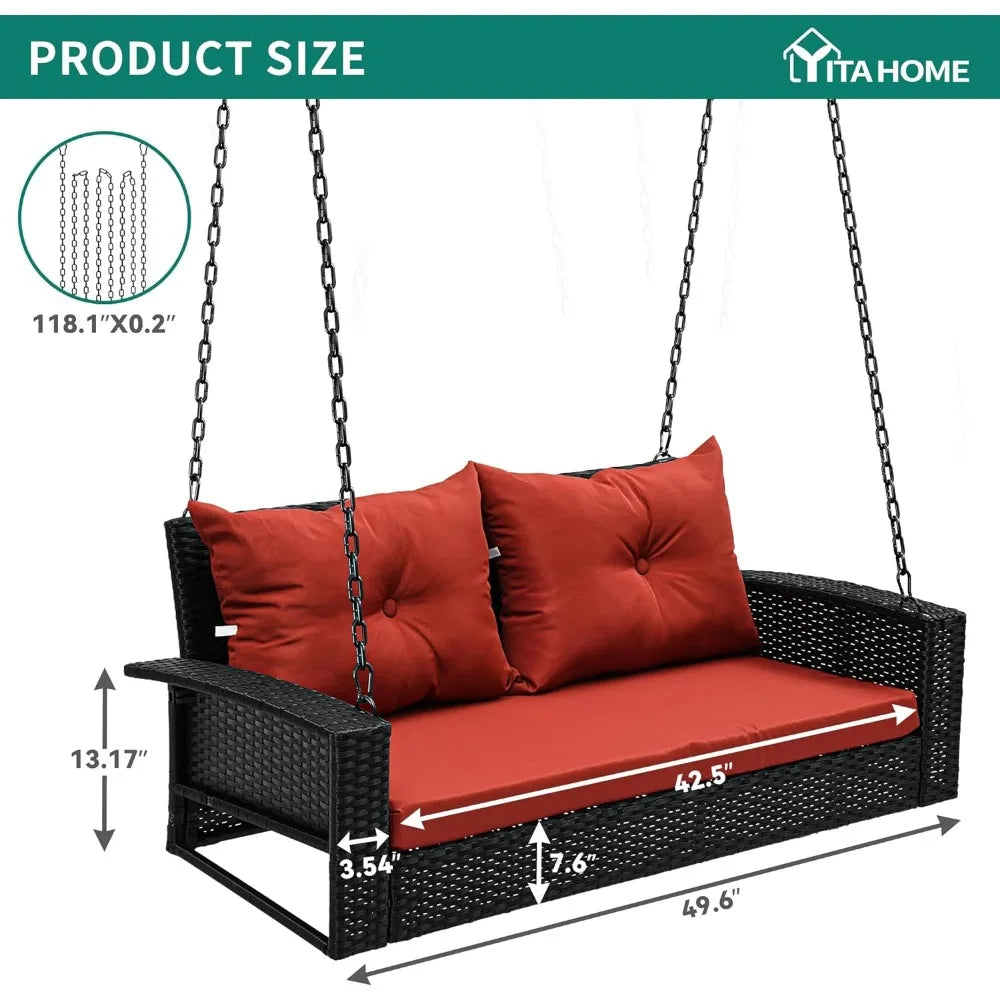 2-Seats Wicker Hanging Porch Swing Chair Outdoor Black Rattan Patio Swing Lounge w/ 2 Back Cushions Capacity 530lbs Red