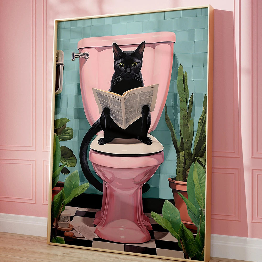 Funny Black Cat Using Toilet Wall Art Cat Reading Newspaper Canvas Posters Prints Pictures Home Batnroom Living Room Decoration