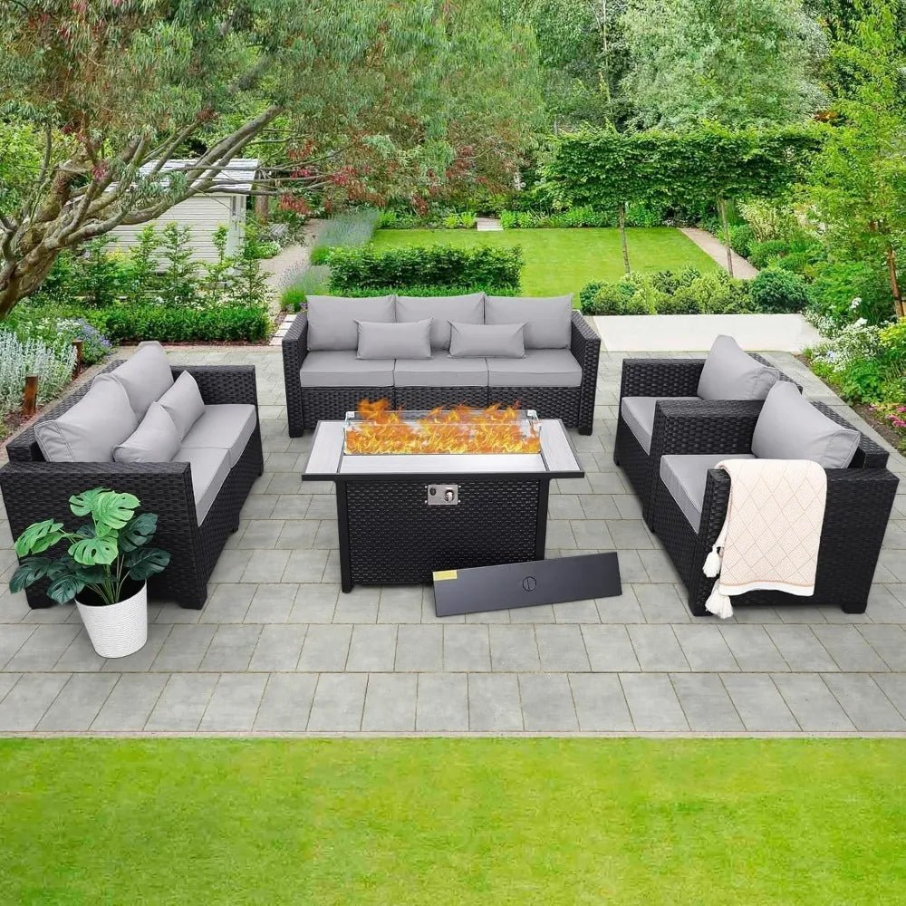 Fire Pit Furniture Set with 45" Patio Couch Outdoor Chairs, No-Slip Cushions and Waterproof Covers, Propane Fire Pit Table