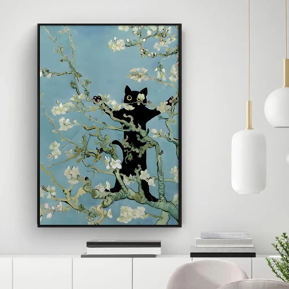 Funny Black Cat Wall Art Van Gogh Starry Night Poster Abstract Famous Reproduction Canvas Painting Aesthetic Room Home Decor