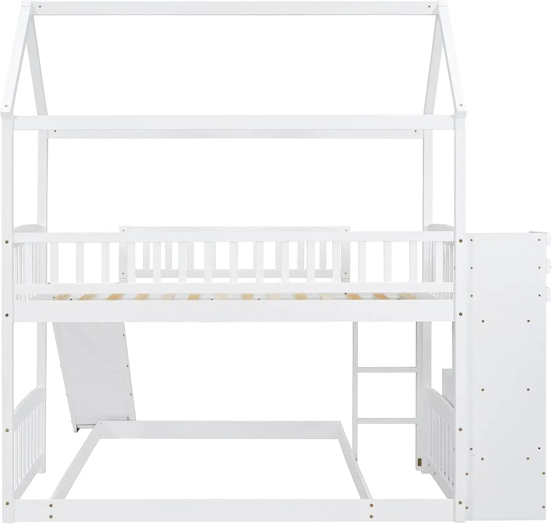 Bunk Bed with Slide, House Bunk Beds Twin Over Twin Stairway Bunk Beds Playhouse Bunkbed with Storage for Kids Toddlers