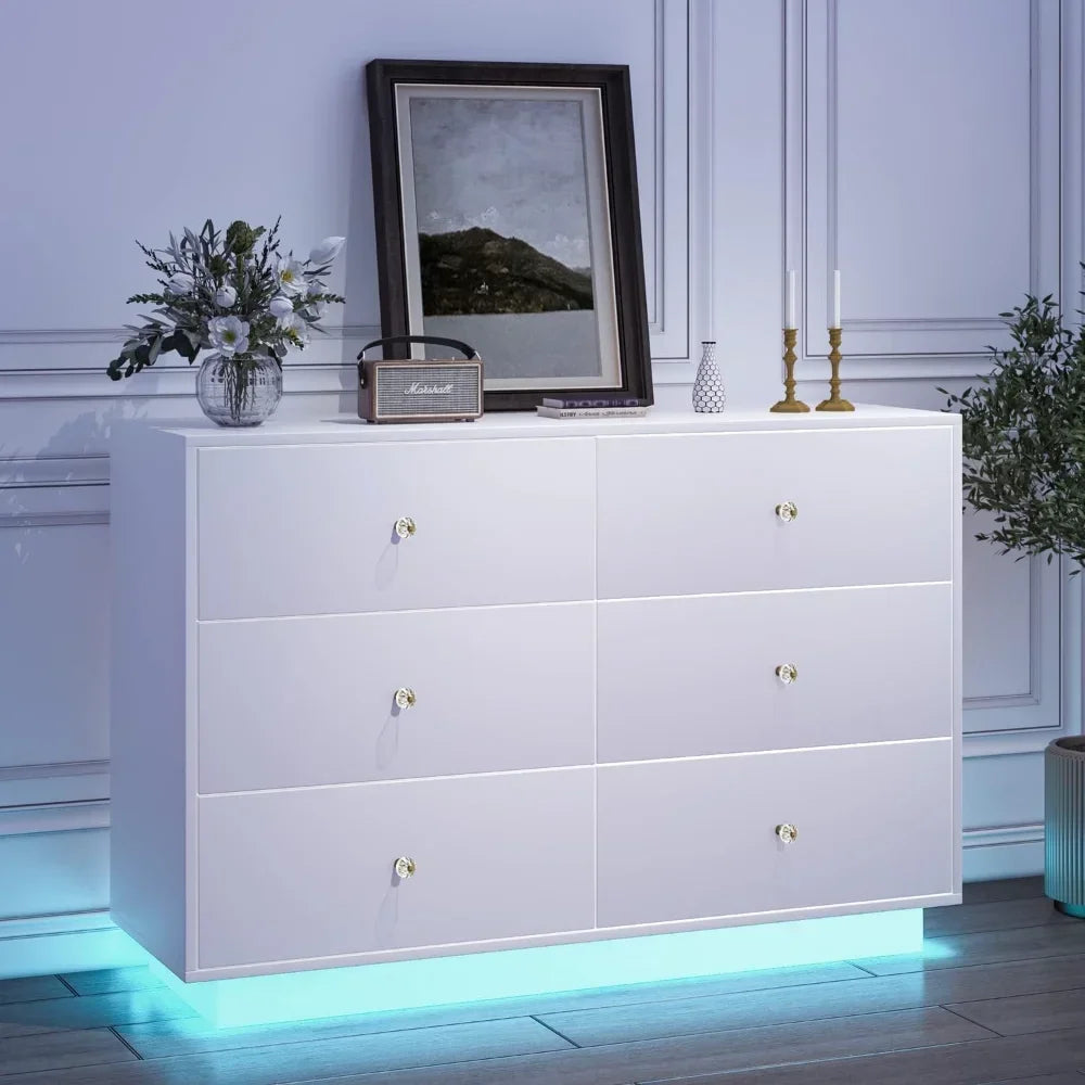 Floating LED 6 Drawer Dresser for Bedroom,Living Room,Hallway, Modern Dressers & Chests of Drawers w/ Diamond Handle,Black/White