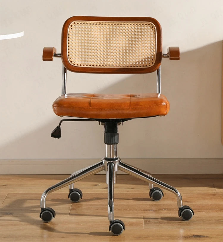 Retro rotating chair Rattan computer office chair Japanese comfortable storage study desk seat breathable armrest rattan chair