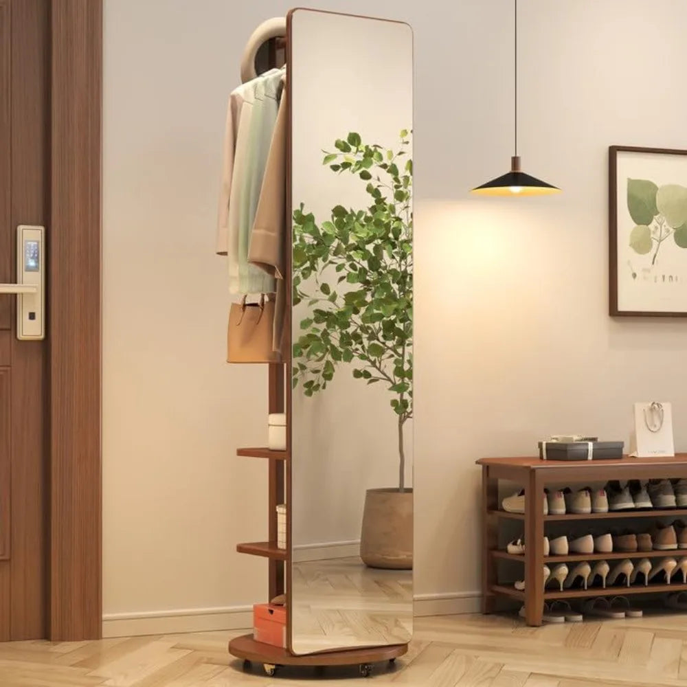 Full Length Mirror with Brake Wheels, 70"x16", Unique Solid Wood Oversized Floor with Coat Rack, Full Body for Bedroom