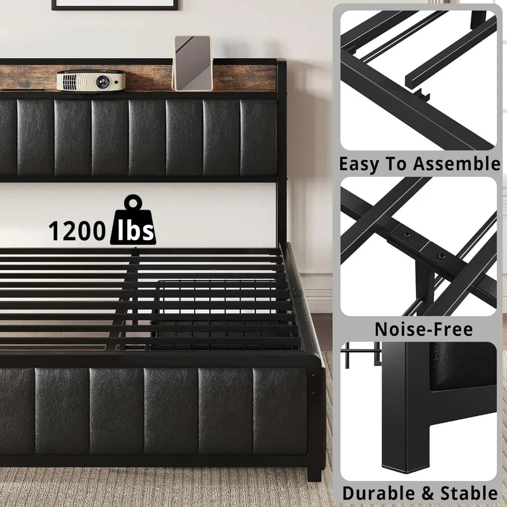 King Bed Frame w Storage Drawers Headboard & Footboard, Upholstered Platform Bed with USB Ports & Outlets, No Box Spring Needed