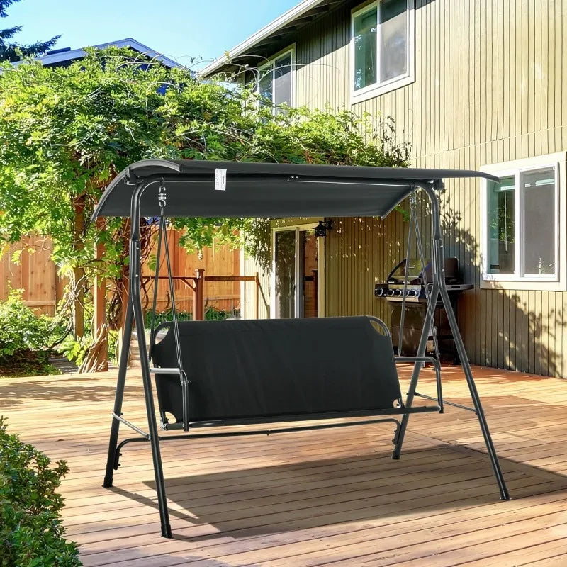 3-Person Porch Swing with Stand for Patio Porch with Adjustable Tilt Canopy and Comfortable Swing Bench-Style Seat, Steel Frame