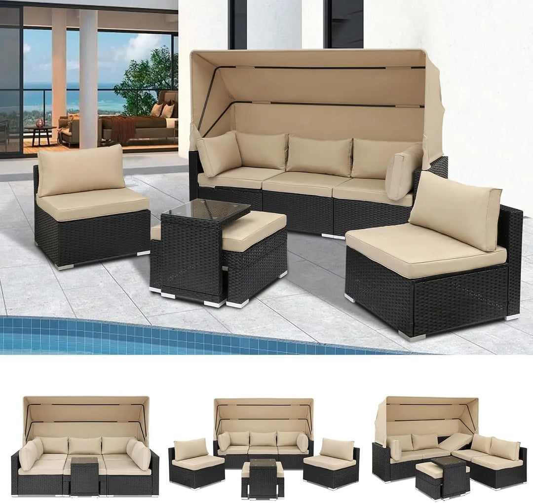 Rattan Furniture Daybed with Canopy 7 Pieces Outdoor Day Bed Wicker Sectional Sofa Set Patio Furniture Set with