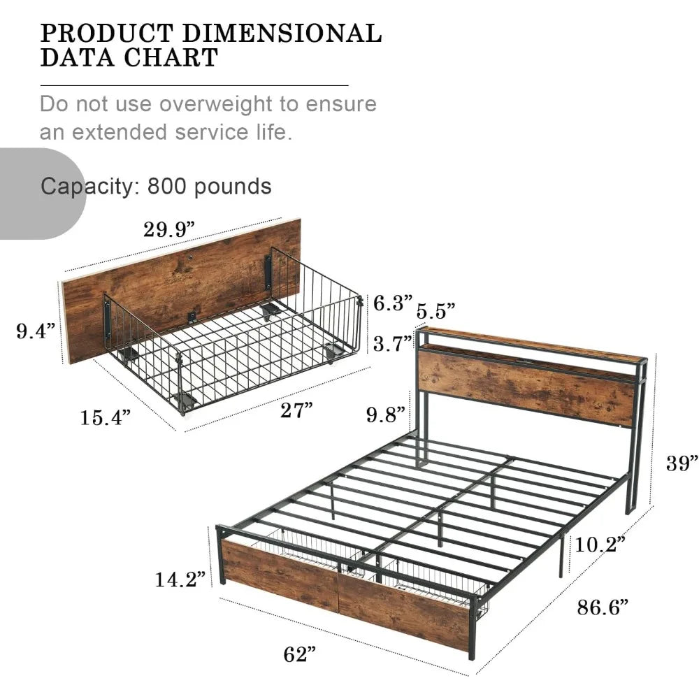 Queen Size Bed Frame with Drawers, Platform Bed Frame with 2-Tier Storage Headboard and Power Outlets,USB Ports Charging Station