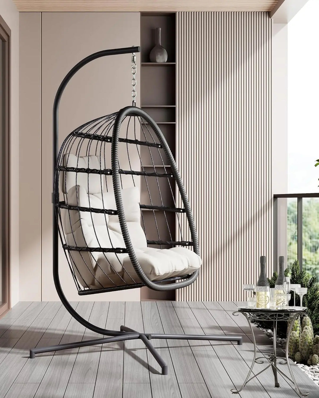 HWB Hanging Egg Chair with Stand, Patio Wicker Egg Swing Chair with Cushion for Bedroom Garden Indoor Outdoor