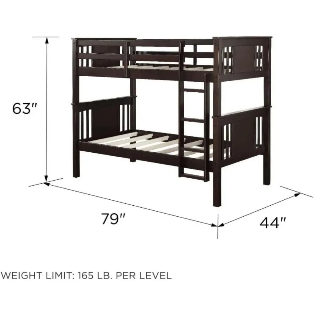 Wood Bunk Bed, Stackable and Detachable Bed Frames for Kids and Teens, with Ladder, High Guardrail.