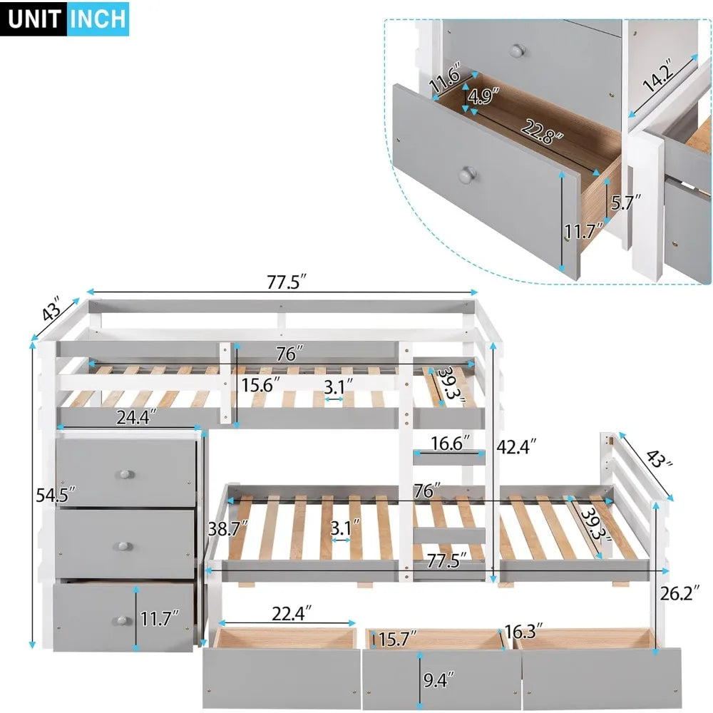 Twin Over Twin Low Bunk Bed with 6 Storage Drawers&Ladder, Wooden Loft Bunkbed for Kids Teens Bedroom,Gray