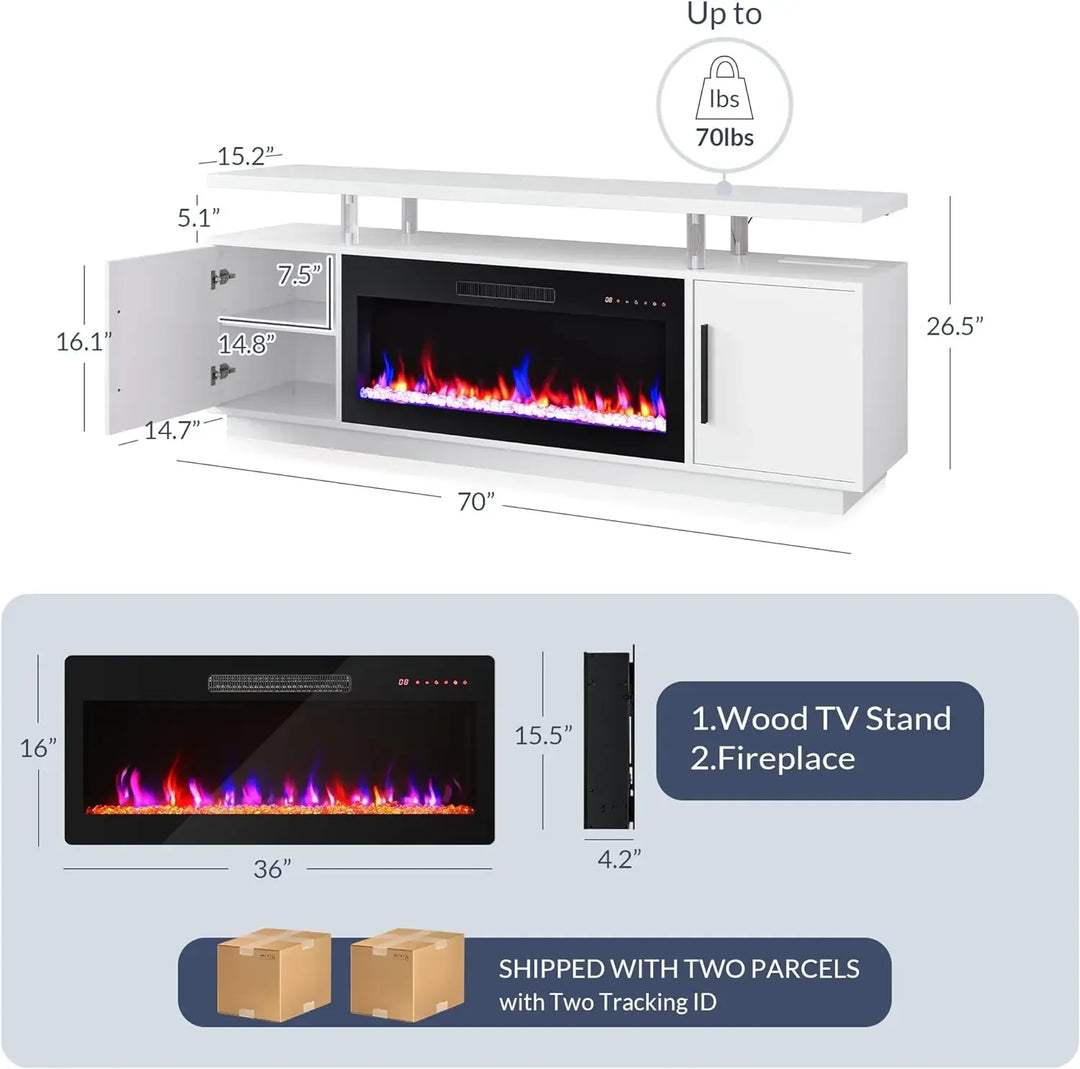 Stand for TVs up to 75", LED Light Entertainment Center with 36" Electric Fireplace Heater, Storage Cabinet with USB AC Outlet