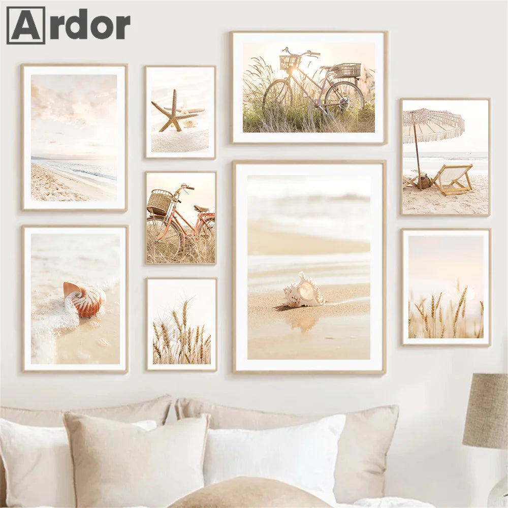 Boho Beige Beach Starfish, Shells, Reeds, Bike, Wall Art Canvas Prints For Your Home Décor