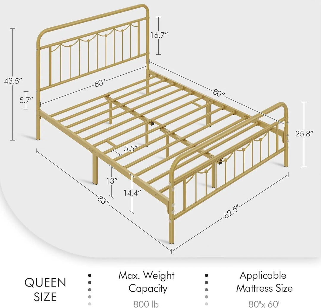 Large metal bedstead, with antique headboard and footrest, farmhouse metal platform bed, heavy steel plate support, antique gold