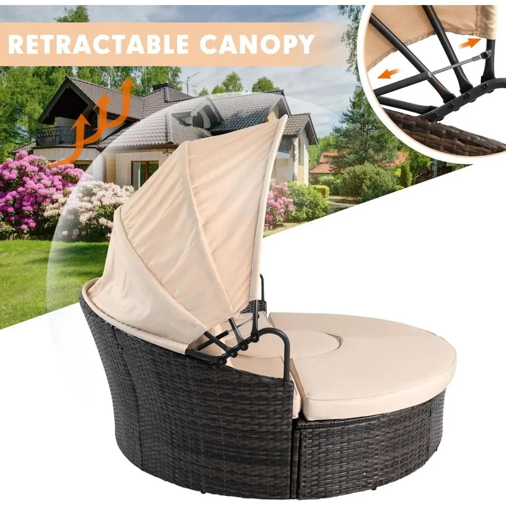 Canopy Bed Round Daybed with Washable Cushions, Clamshell Sectional Seating Wicker Furniture with Retractable Canopy (Brown）