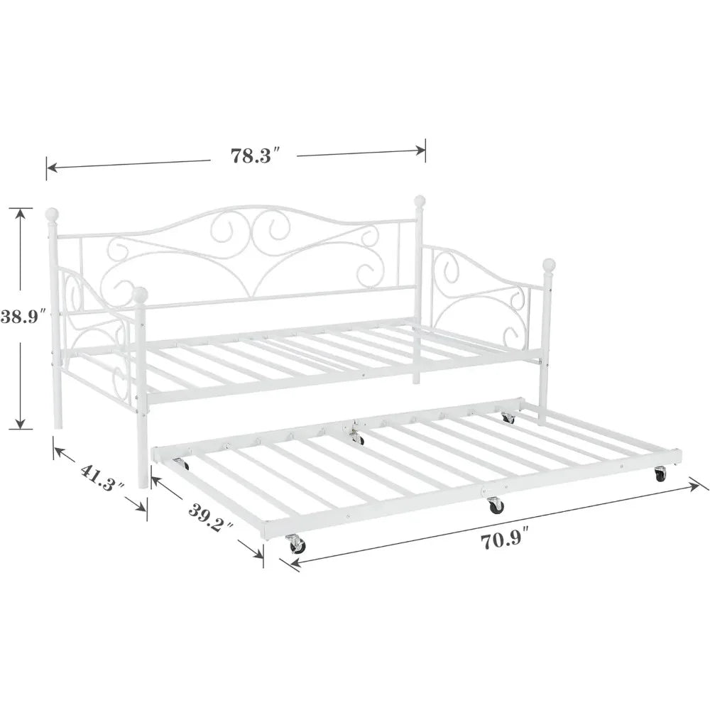 Daybed Metal Bed Frame Twin Size Steel Slat Support/Strong Legs Headboard/Mattress Foundation, Multi-Functional Furniture