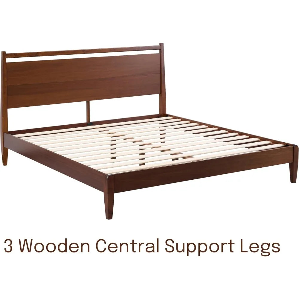 Adept Bed Frame Headboard, Crafted from Walnut, Rubber Wood Silent Slats and Wood Central Supports, 1000 Lb Capacity