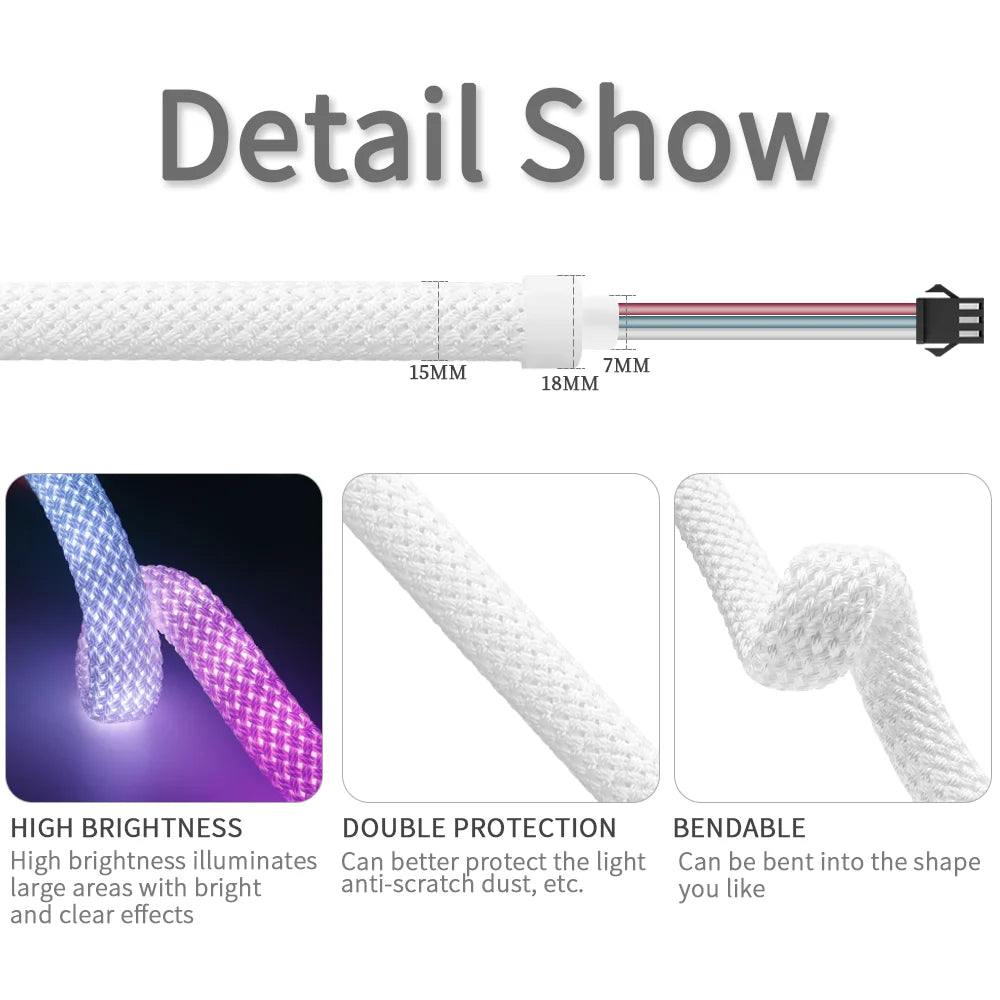 WS2811 Round Reticulate Neon LED Strip 360 Degree Smart RGBIC Flexible Silicon Light Tape Waterproof , and 28Keys Controller Kit