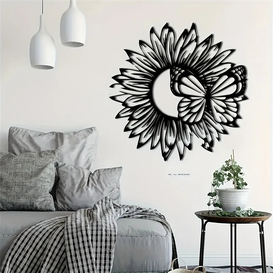 Black Sunflower and Butterfly 3D Metal Wall Art-Perfect Mother's Day Gift, Rustic Indoor/Outdoor Decor,Farmhouse Style Wall Sign