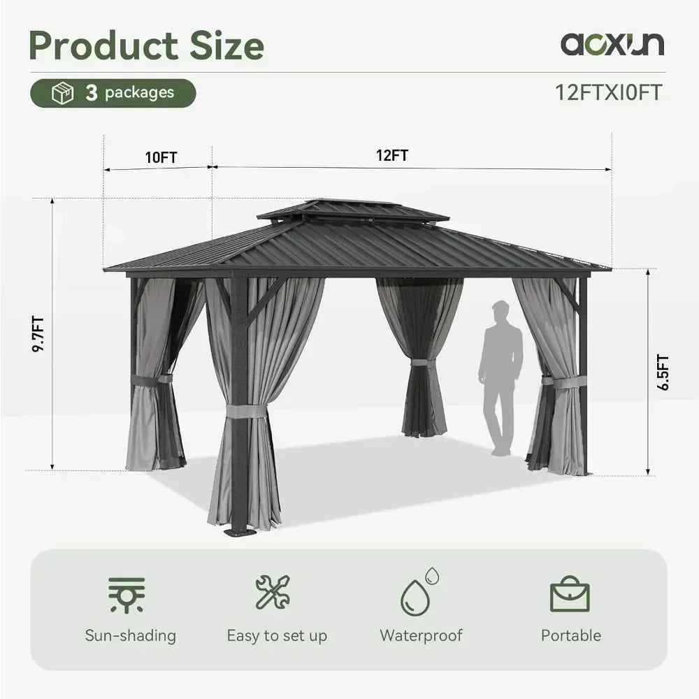 10x12 FT Outdoor Patio Gazebo, Dual-Layer Galvanized Steel Double Roof Aluminum Furniture Gazebo Canopy with Netting and Curtain