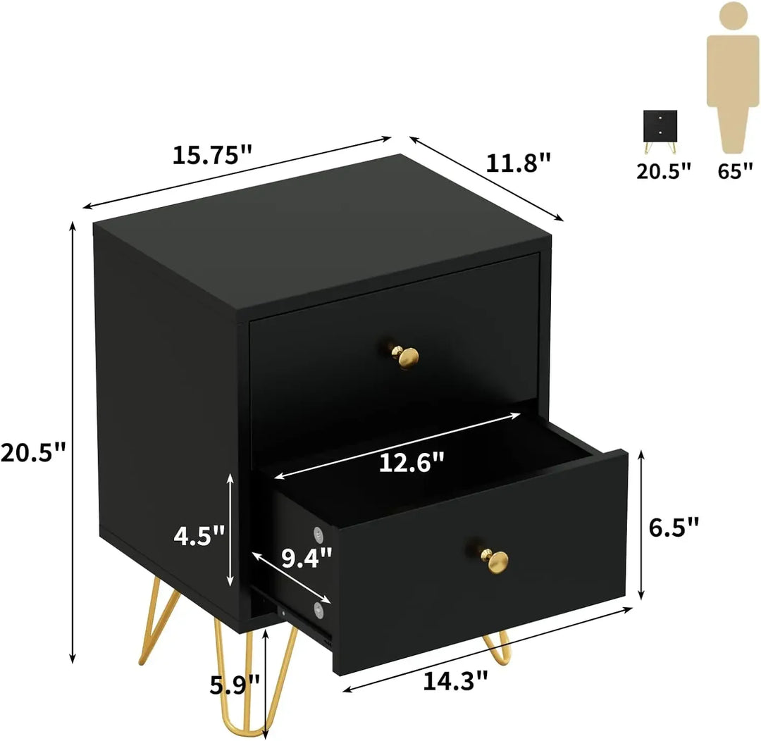 Nightstand, End Side Table, Bedside Table with 2 Drawers Night Stand Metal Legs and Knobs for Bedroom Living Room