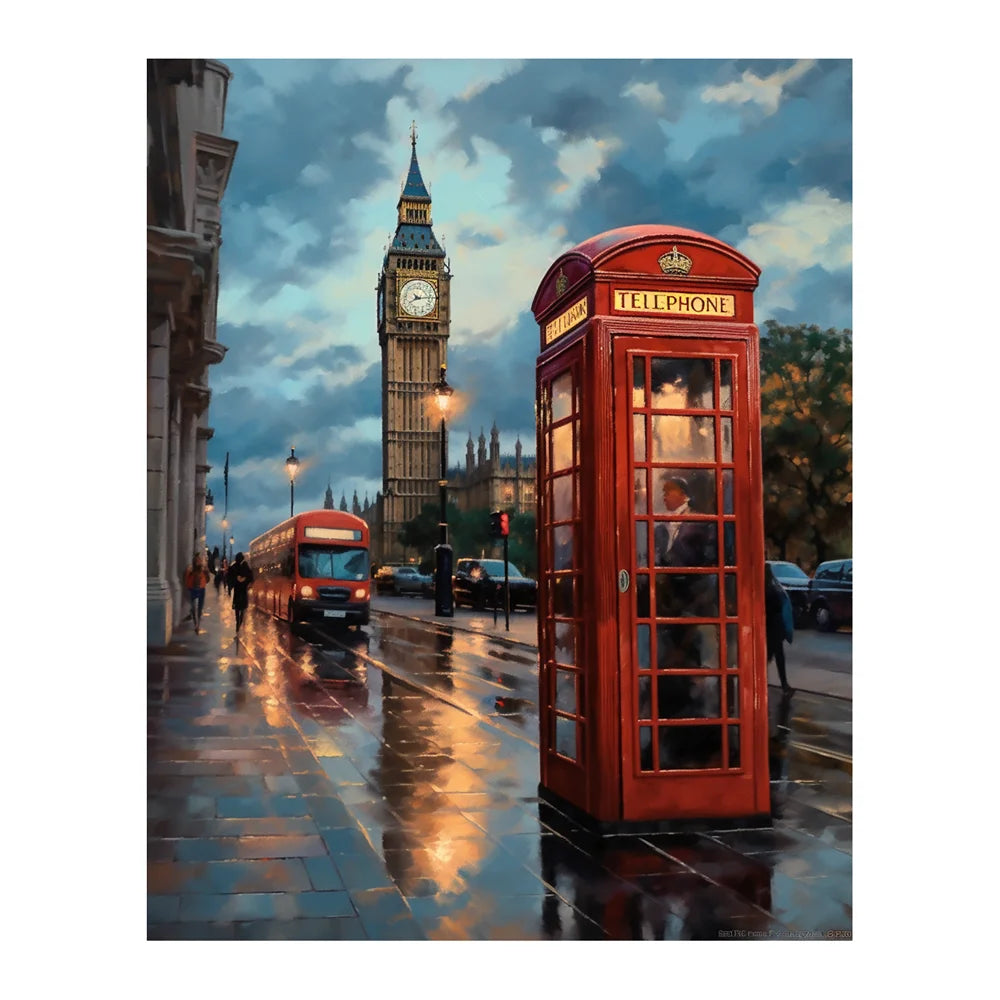 Hand Painted  Painting by Numbers Kit DIY Acrylic Artwork Canvas Art Gift, Home Street Scene Buildings Landscape Phone Booth