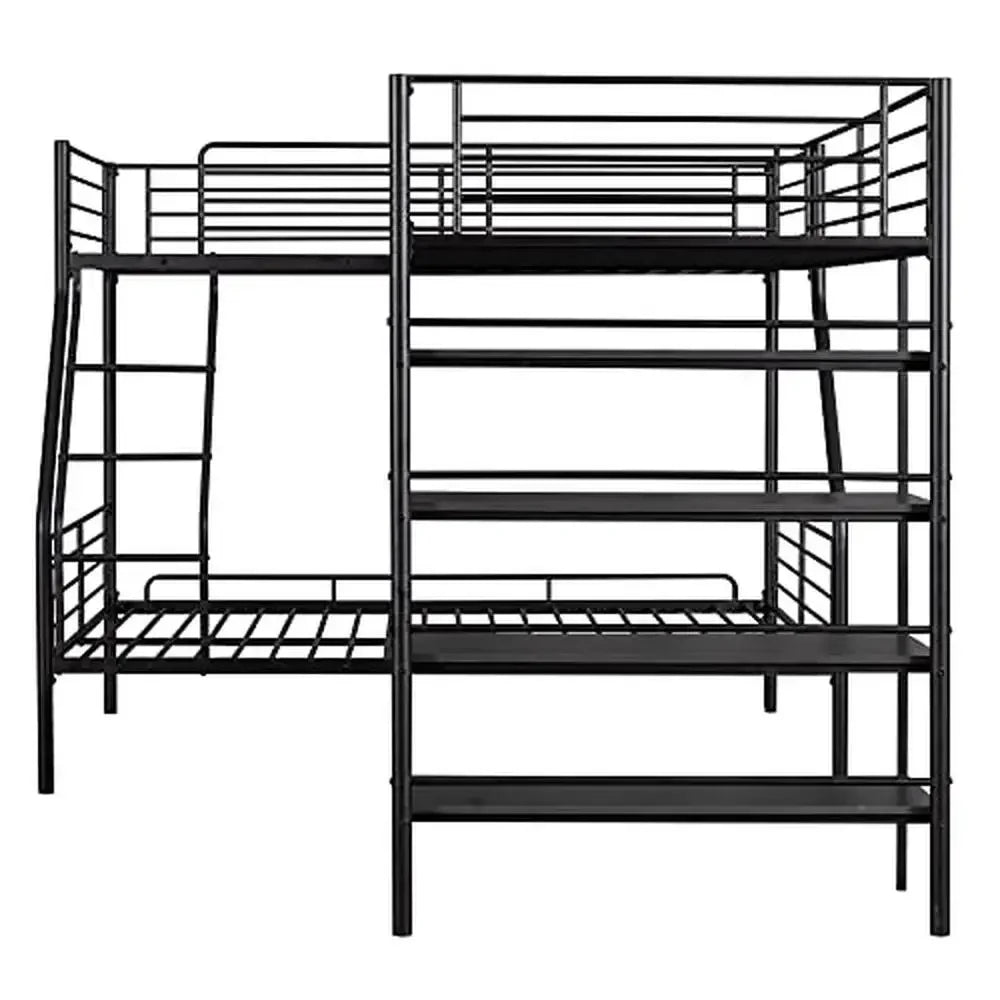 L-Shaped Metal Corner Bunk Bed with Loft & Shelves Twin Over Full Bunk Bed Integrated Ladder & Guardrails No Box Spring Needed