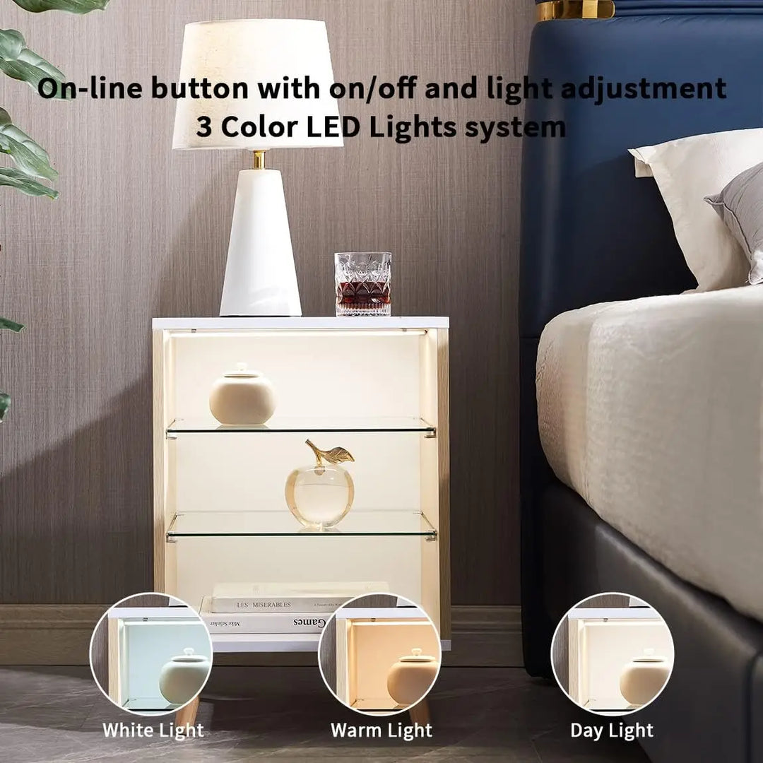 Nightstands Set of 2 with 3 Drawers, Bedside Table Small Dresser with LED Light for Bedroom Living Room - Sturdy Wood Frame