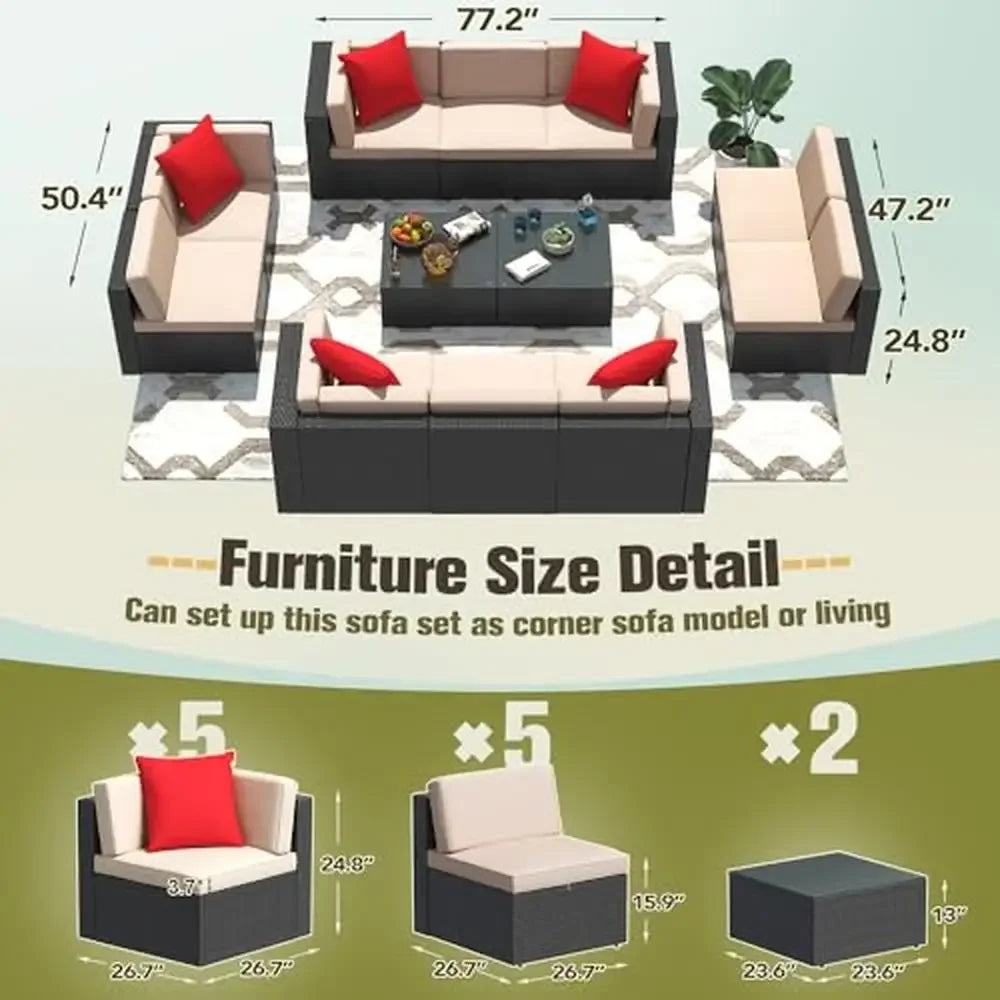 Outdoor Patio Furniture Set 12-Piece Rattan Sectional Sofa with Thick Cushions and Glass Table Beige